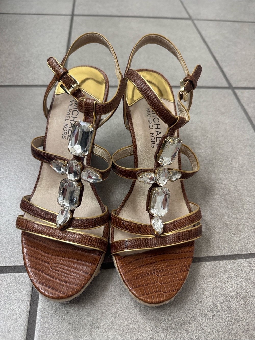 Michael Kors Brown T-Strap Sandals with Large Crystal Accents